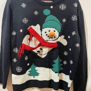 3D Merry Christmas Holiday Snowman Scarf Snowflake Sweater Size Medium Gift Tag